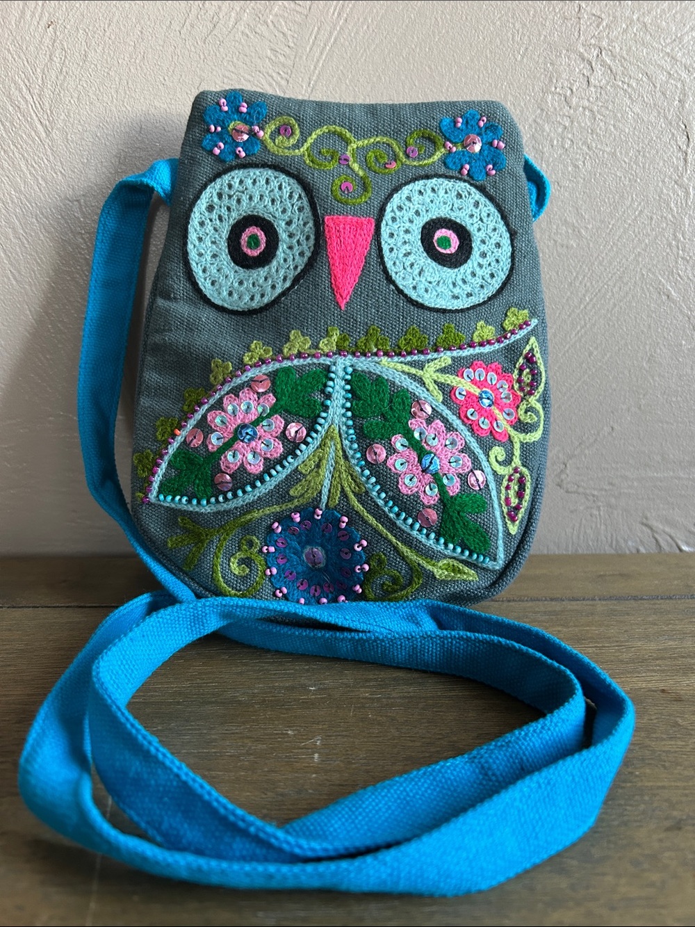 Embroidered & Sequins Owl Crossbody/Shoulder Bag - Gray, Teal & Pink Colors.
